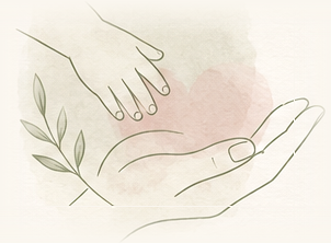 Aquarell-Illustration: eine Kinderhand liegt geborgen in einer offenen, haltenden Hand